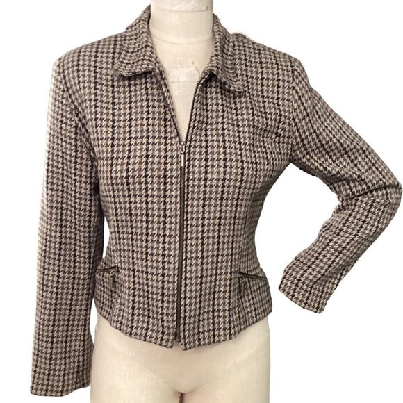 Hillard & Hanson USA Houndstooth Wool Blend Cropped Zip Jacket Sz 6 #205D - Picture 2 of 10